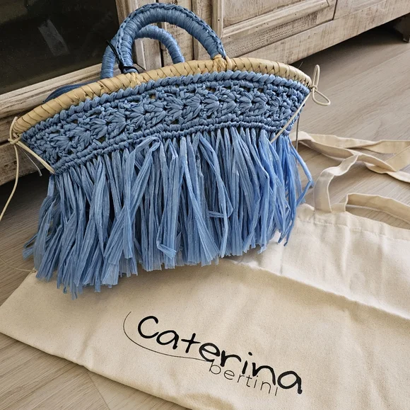 Caterina Bertini Fringe Straw Mini Tote Blue Made In Italy - Picture 3 of 17